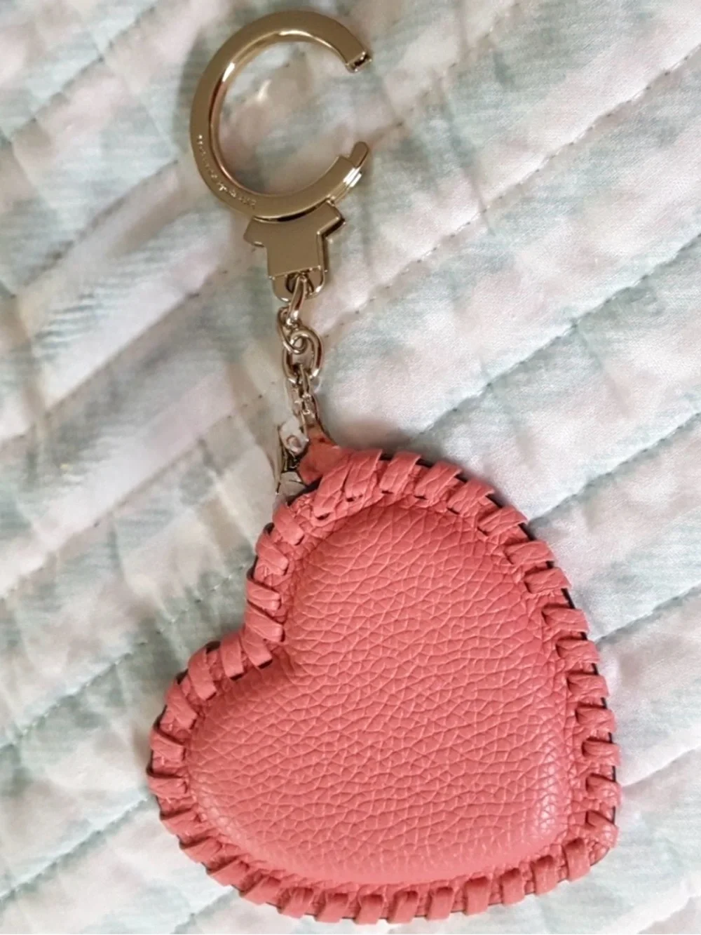 Kate Spade Pink Pebbled Leather Whipstitch Heart Keyring bag-charm like new
